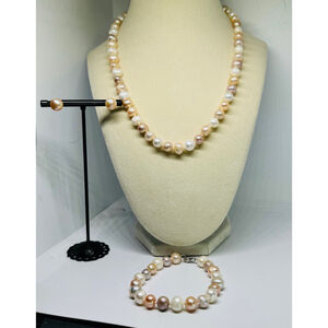 Sterling Three Piece‎ Set: Multi Color Potato Pearl Necklace, Bracelet, Earrings